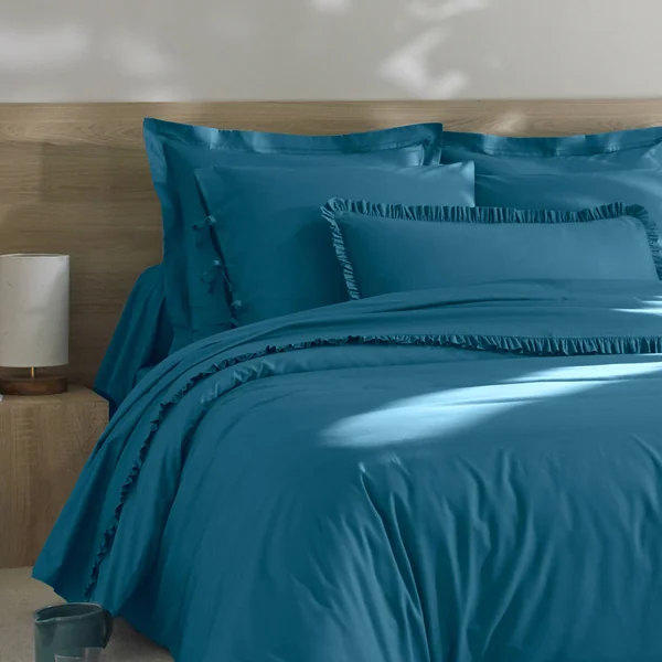 Linge de lit uni percale, bleu paon