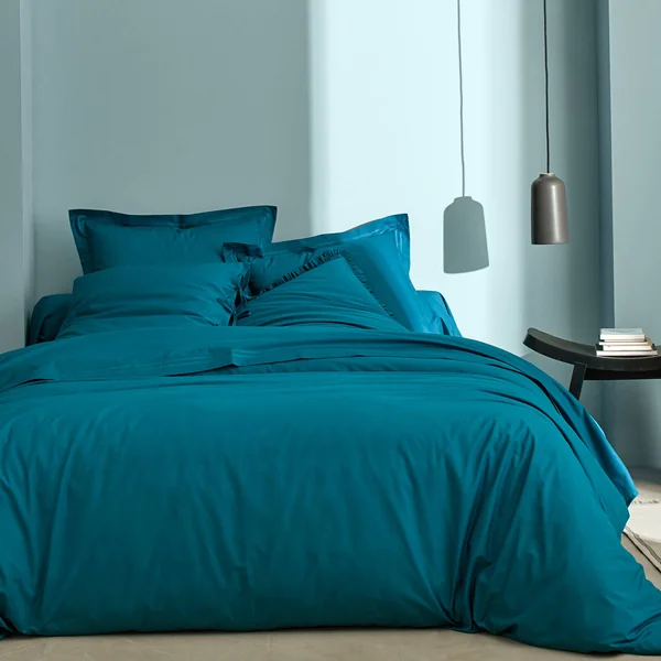 Linge de lit uni percale, bleu paon
