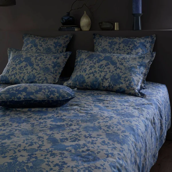 Lot de 2 taies d'oreiller satin Shanghai - Ecorce/Bleu nautique - 50 x 75 cm