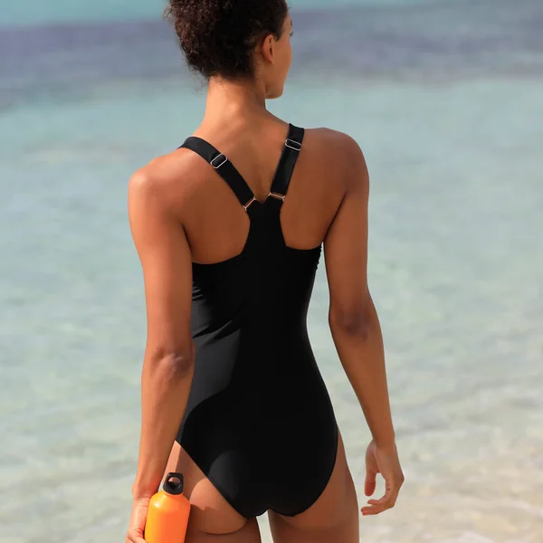 Maillot de bain 1 pièce uni Lohena, spécial maintien, noir / orange