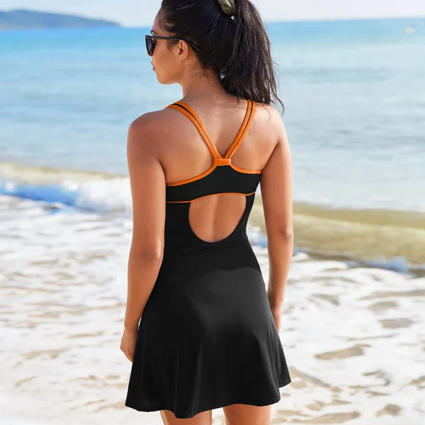 Maillot de bain une pièce avec jupette, noir / orange