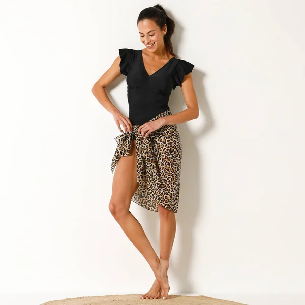 Maillot de bain à volants uni, 1 pièce Solaro - sans armatures, noir