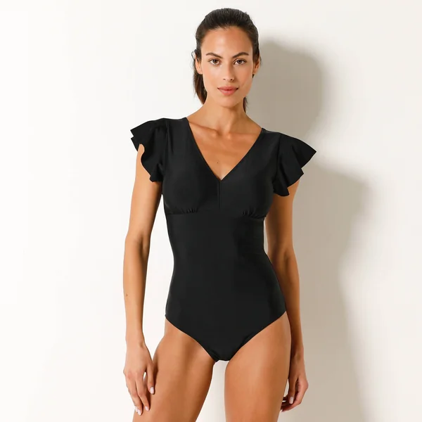 Maillot de bain à volants uni, 1 pièce Solaro - sans armatures, noir