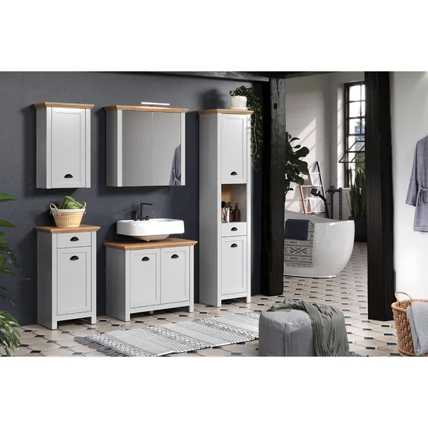 Meuble bas de salle de bain style campagne gris clair/chêne Indiana