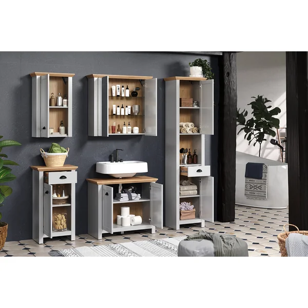 Meuble bas de salle de bain style campagne gris clair/chêne Indiana