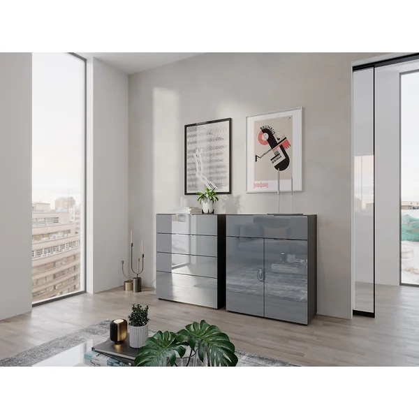 Meuble de rangement 4 tiroirs graphite/verre gris Oklahoma