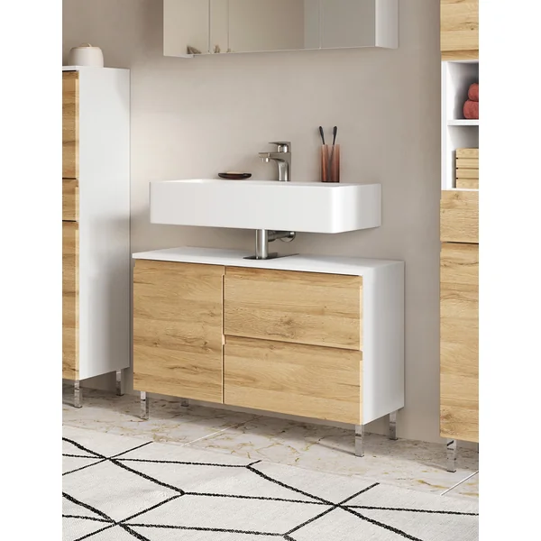 Meuble sous vasque contemporain 80 cm chêne/blanc Elegance