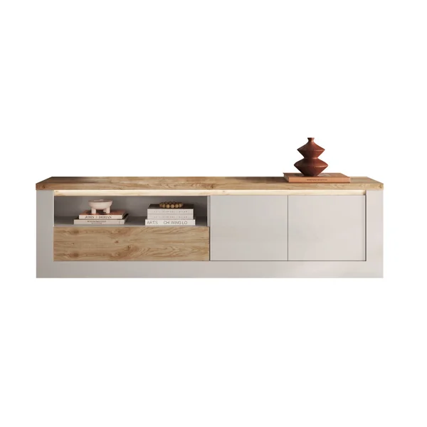 Meuble TV contemporain 210 cm blanc laqué brillant Isia