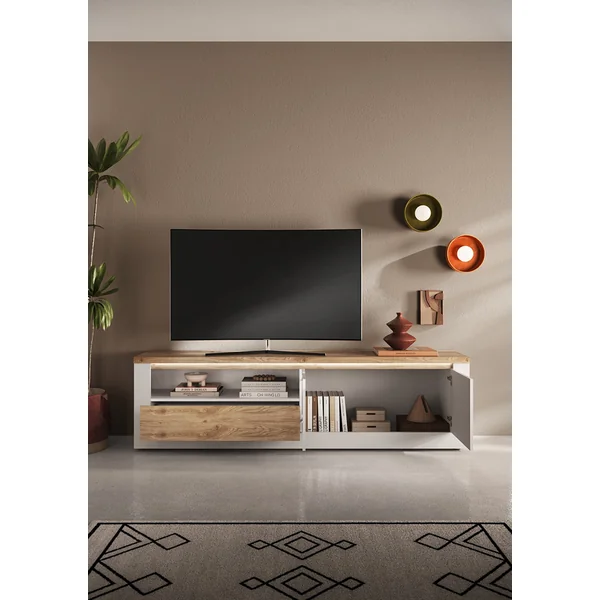 Meuble TV contemporain 210 cm blanc laqué brillant Isia