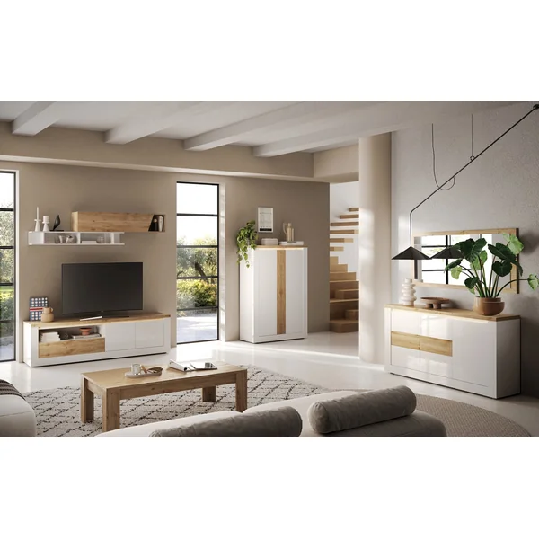 Meuble TV contemporain 210 cm blanc laqué brillant Isia