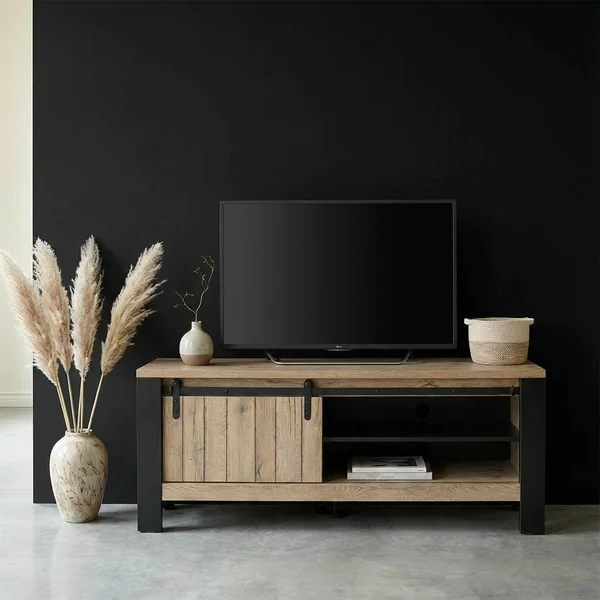 Meuble TV industriel 150 cm chêne/noir Simeo