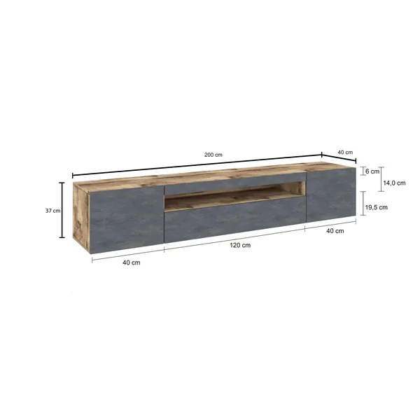 Meuble TV moderne 200 cm érable/gris ardoise Indila