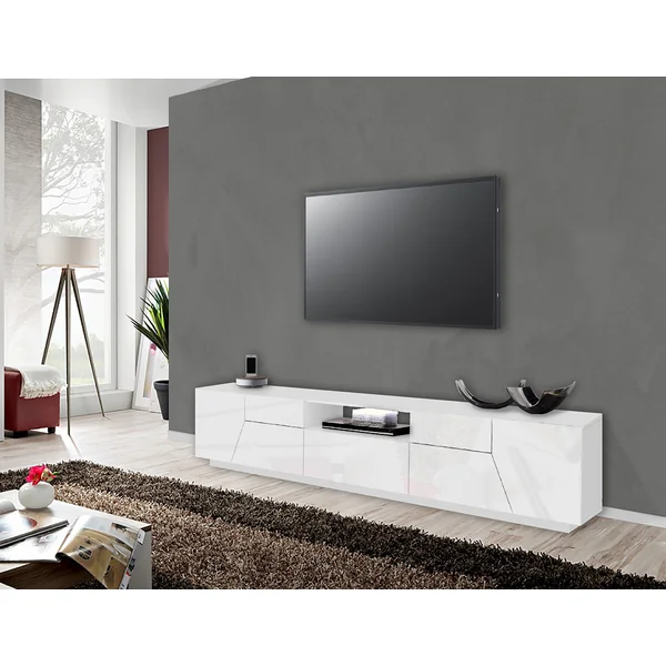 Meuble TV moderne 220 cm blanc laqué brillant Alienor