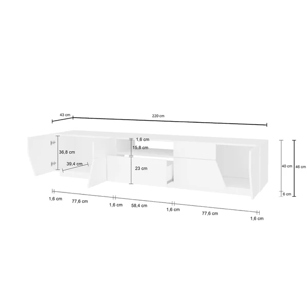 Meuble TV moderne 220 cm blanc laqué brillant Alienor