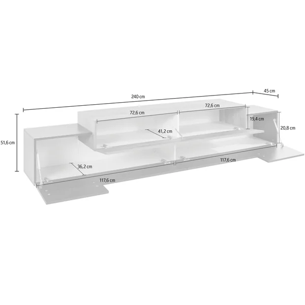 Meuble TV moderne 240 cm blanc laqué brillant Corso