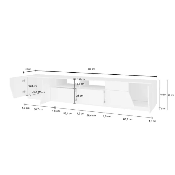 Meuble TV moderne 260 cm blanc laqué brillant Alienor