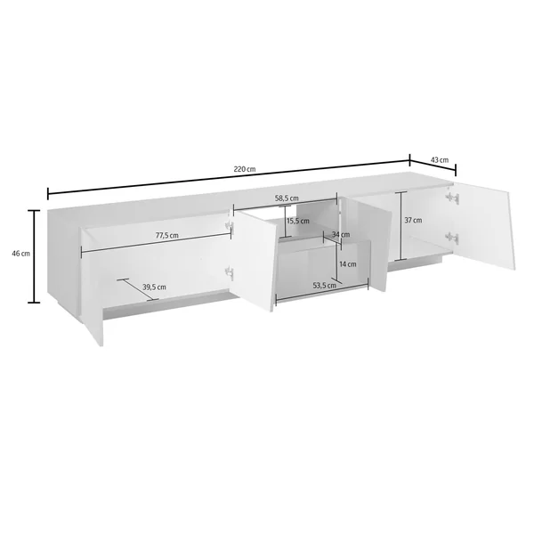 Meuble TV moderne blanc laqué brillant 220 cm Vegas