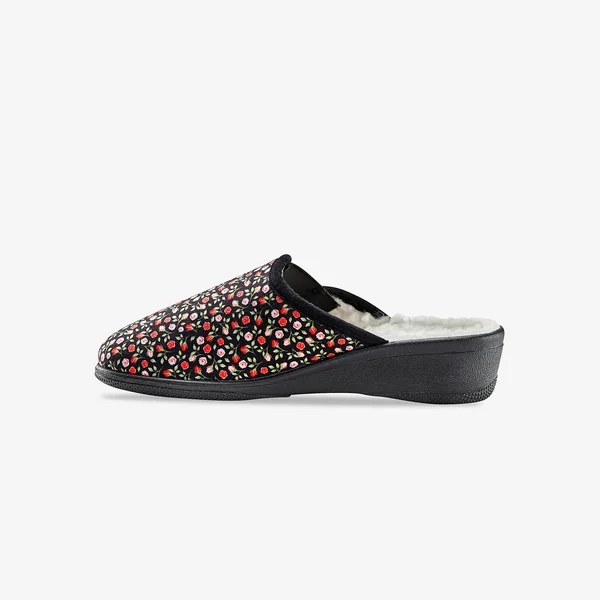 Mules sabot imprimées fleurs - fourrées, noir