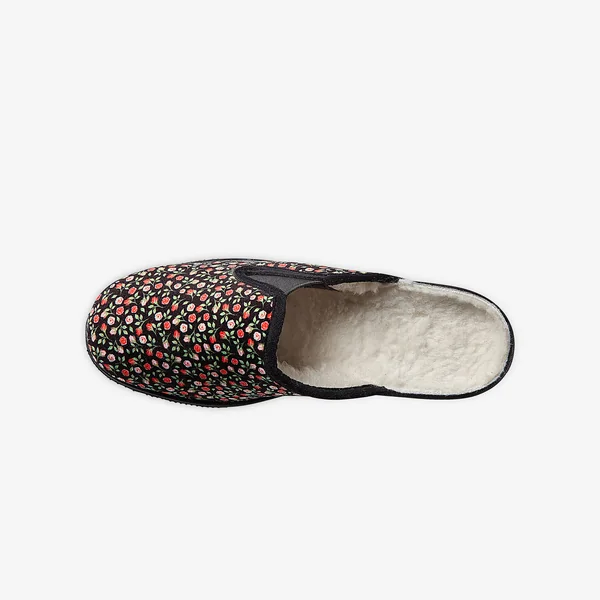 Mules sabot imprimées fleurs - fourrées, noir