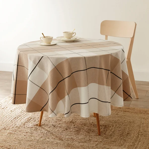Nappe carreaux coton lin tissé teint, beige