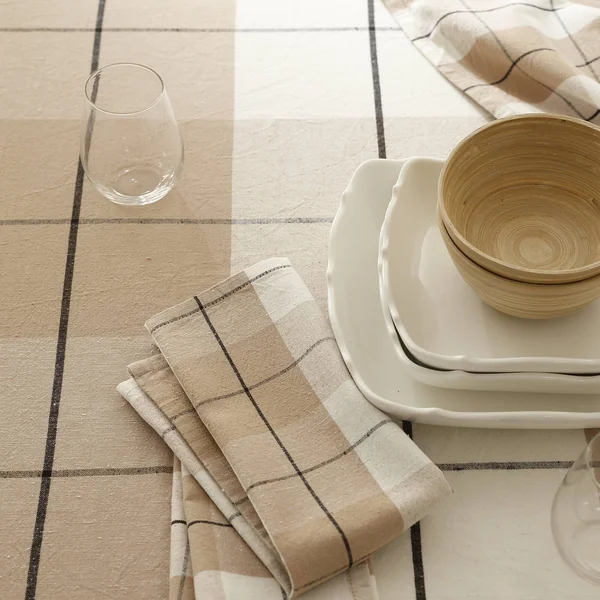 Nappe carreaux coton lin tissé teint, beige