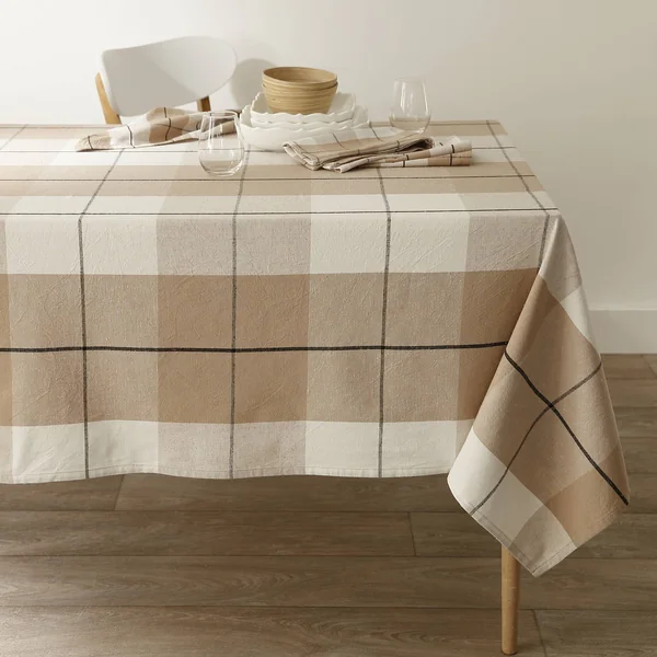 Nappe carreaux coton lin tissé teint, beige