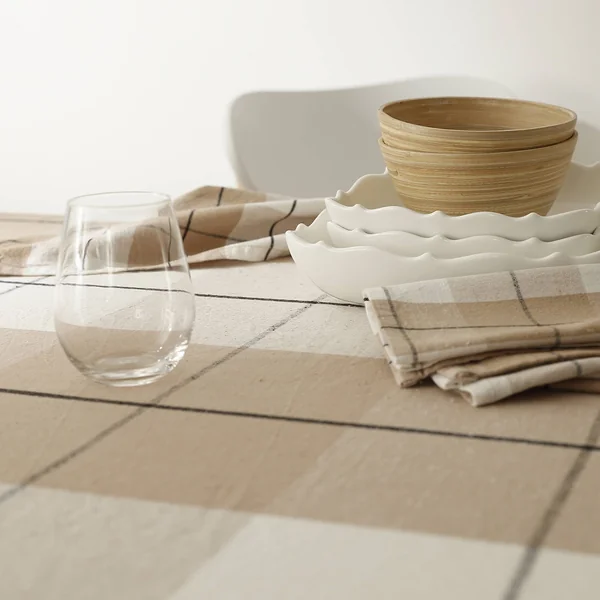 Nappe carreaux coton lin tissé teint, beige