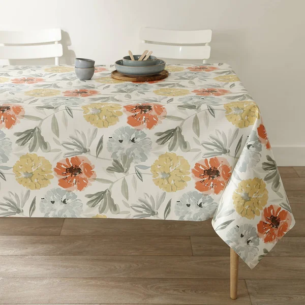 Nappe toile cirée imprimé grosses fleurs, jaune / corail