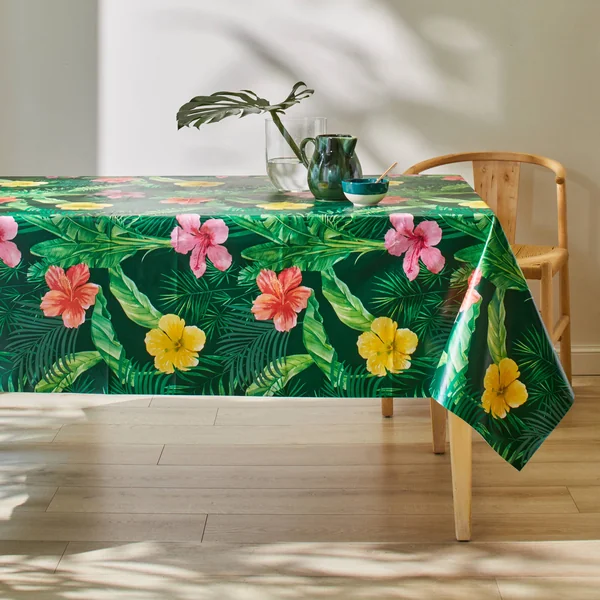 Nappe toile cirée imprimé hibiscus, vert / multicolore