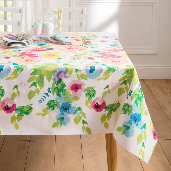 Nappe toile cirée imprimée fleurs , blanc