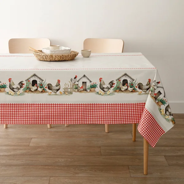 Nappe toile cirée motif poules, beige / rouge
