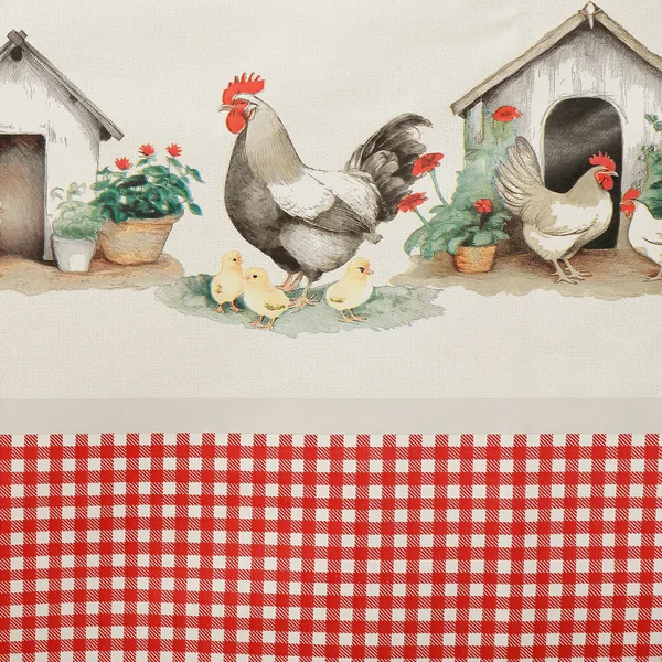 Nappe toile cirée motif poules, beige / rouge