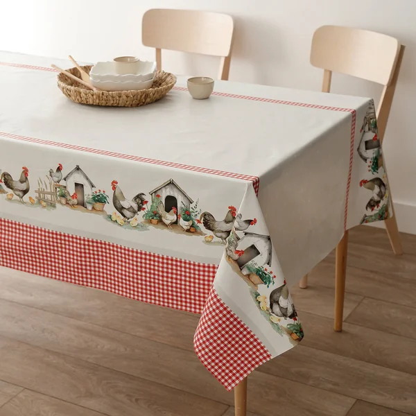Nappe toile cirée motif poules, beige / rouge