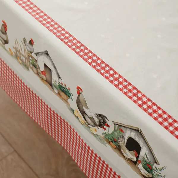 Nappe toile cirée motif poules, beige / rouge