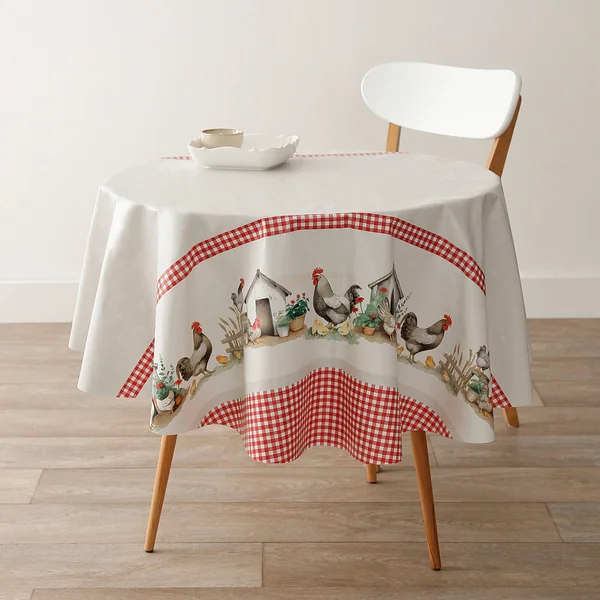 Nappe toile cirée motif poules, beige / rouge