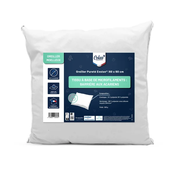 Oreiller Evolon® anti-acariens et anti-punaises de lit lavable 60°, blanc