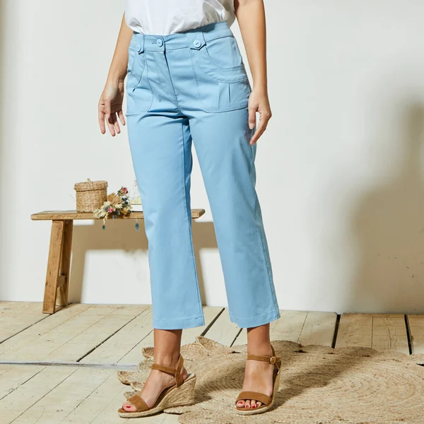 Pantacourt droit stretch, bleu