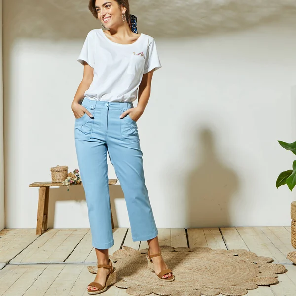 Pantacourt droit stretch, bleu