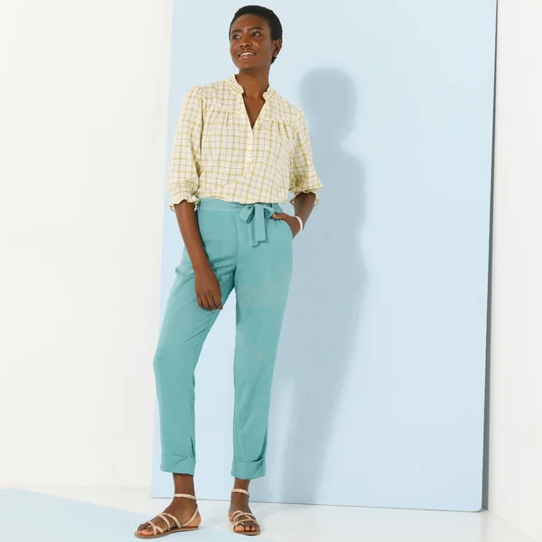Pantalon 7/8ème fuselé uni, tissu fluide, bleu grisé