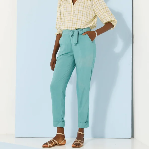 Pantalon 7/8ème fuselé uni, tissu fluide, bleu grisé
