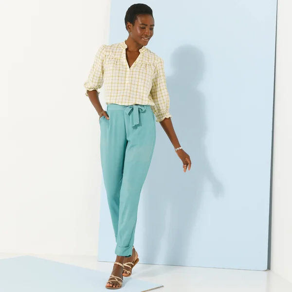 Pantalon 7/8ème fuselé uni, tissu fluide, bleu grisé