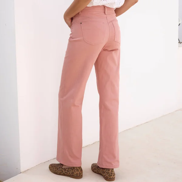 Pantalon couleur coupe large 5 poches, bois de rose