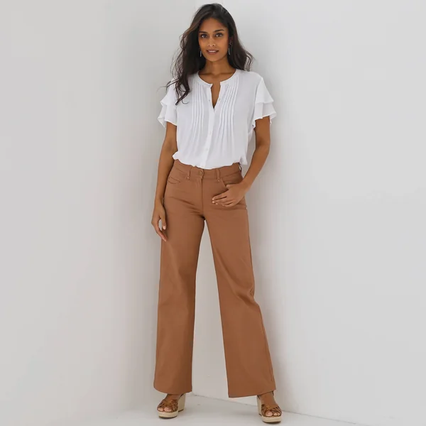 Pantalon couleur coupe large 5 poches, noisette