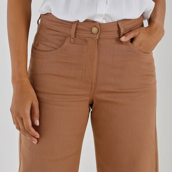 Pantalon couleur coupe large 5 poches, noisette