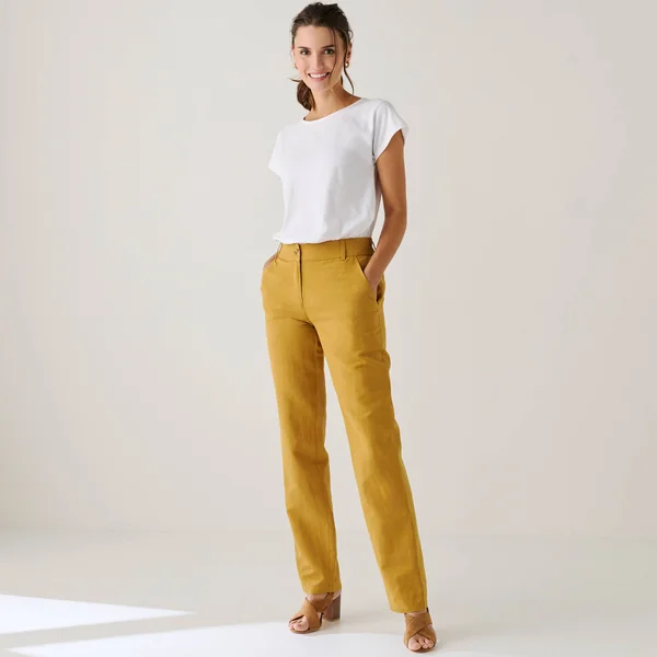 Pantalon coupe mom coton-lin uni, safran