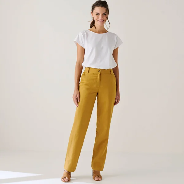Pantalon coupe mom coton-lin uni, safran