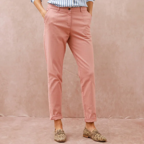 Pantalon coupe mom taille haute, stretch, rose grisé
