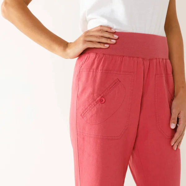 Pantalon droit 7/8ème, taille élastiquée, lin coton, framboise