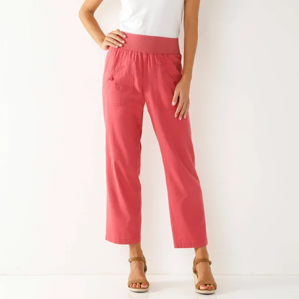Pantalon droit 7/8ème, taille élastiquée, lin coton, framboise