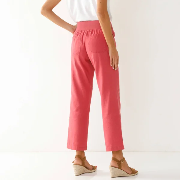 Pantalon droit 7/8ème, taille élastiquée, lin coton, framboise